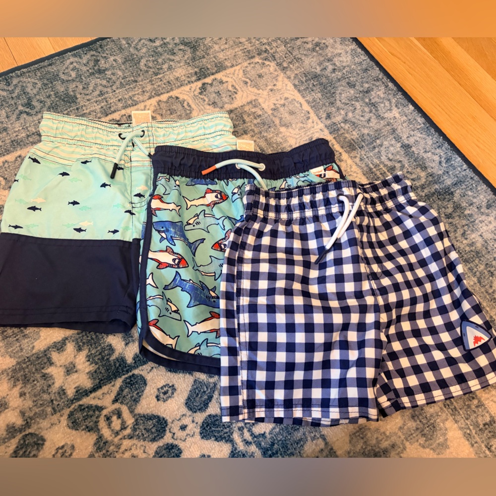 Cat & Jack Toddler Boys Shark Swim Trunks Bundle 3T Gingham Sharks